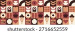 Fast food menu pattern with abstract bauhaus mosaic dessert and burger design. Cookbook backgrounds and recipe blog illustrations.