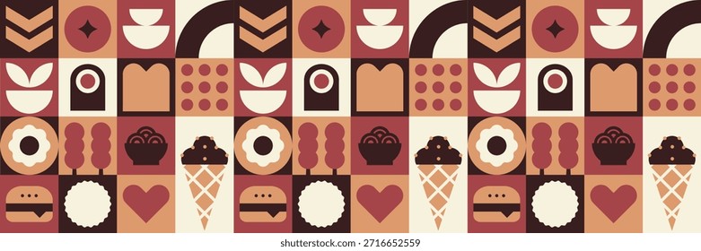 Patrón de menú de comida rápida con diseño abstracto de postre de mosaico bauhaus y hamburguesa. Fondos de libros de cocina e ilustraciones de blog de recetas.