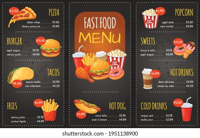 Fast food menu. Pizza, burger and tacos, fries. Hot dog, sweets and popcorn, cola. Snack restaurant menu with pricing Vector template. Desserts as donut and ice cream, delicious dishes