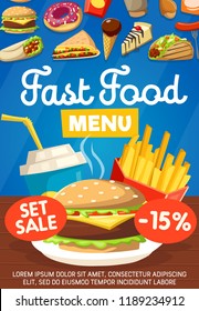 Fast food menu poster. Cola, french fries and hamburger, cheesecake and ice-cream, burrito and sandwich, donut and kebab snacks, roll and sandwich, cake and coffee. Vector menu takeaway food leaflet