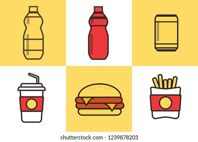 Fast food menu poster. Fast food snacks and drinks flat vector icons