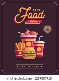 Fast Food Menu Poster Vector Illustration, brochure, flyer, banner, promotional product, burger, ham, fried chicken, soda, cola, french fries