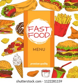 Fast food menu premium quality. Ice cream chocolate donut desserts. Hamburger with salad leaves and cheese, soft french fries vector illustration