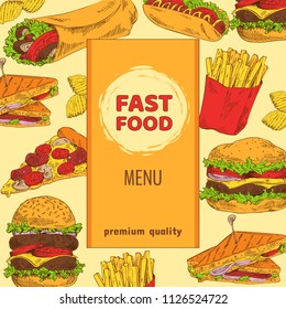 Fast food menu with premium quality colorful card, background consist from snacks, burgers with burrito, fried potato crisps and pizza near hot dog
