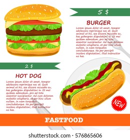 Fast food menu with price and description. Set of realistic vector icons isolated on white background. Burger and hot dog.