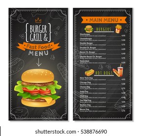 Fast food menu with prices different kinds of burgers and hot dogs vector illustration