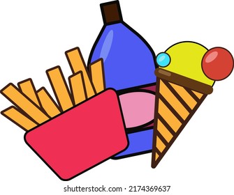 Fast food menu, regular ice cream with french fries and bottle with drink