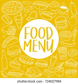 Fast Food Menu Restaurant Art Design Doodle Hand Draw Vector