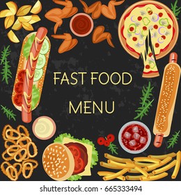 Fast food menu restaurant banner template with different dishes meals and drinks. Vector illustration eps 10