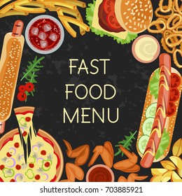 Fast food menu restaurant banner template with different dishes meals and drinks. Vector illustration eps 10