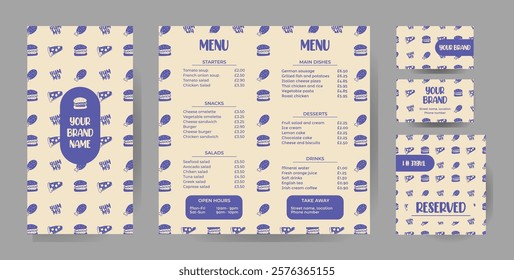 Fast food menu for restaurant and cafe. Restaurant and cafe identity. Design template with food pattern for print. Vector illustration.
