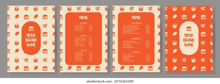 Fast food menu for restaurant and cafe. Restaurant and cafe identity. Design template with food pattern for print. Vector illustration.