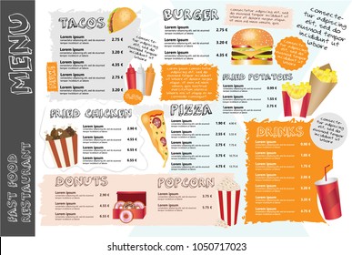 Fast food menu for restaurant. Colorful menu design. Restaurant brochure vector illustration. Cafe menu, fast food flyer. Vector menu template. Tacos,burger,pizza,donuts,soda,fries,donuts,popcorn 