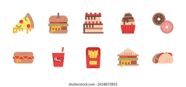fast food menu restaurant eating icons. flat color style icon set