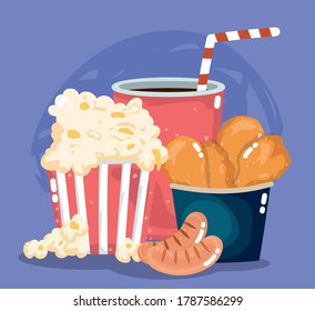 fast food menu restaurant unhealthy chicken popcorn sausages and soda vector illustration