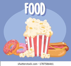 fast food menu restaurant unhealthy popcorn hot dog and donuts vector illustration