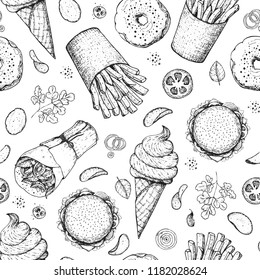 Fast food. Menu seamless pattern. Hand drawn sketch for menu. Vector illustration. Junk food set. Engraved style illustration. Vintage menu design.