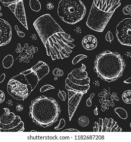 Fast food. Menu seamless pattern. Hand drawn sketch for menu. Vector illustration. Junk food set. Engraved style illustration. Vintage menu design.