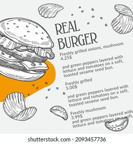 Fast food menu set of burger and potato chips. Bun with salad and meat, cheese and vegetables. Menu of cafe or bistro, monochrome sketch outline with text. Restaurant or eatery, diner dishes