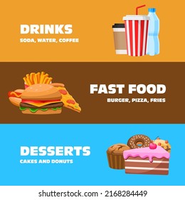 Fast food menu set in cartoon style. Drinks, fast food, desserts. Pizza, burger, hot dog, soda, donut, cookie, cake, coffee, water, french fries. Unhealthy food vector icons collection.	
