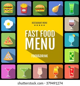 Fast food menu. Set of food and drinks icons. Flat style design.
