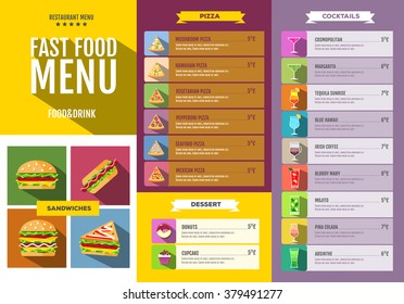 Fast food menu. Set of food and drinks icons. Flat style design.