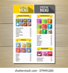 Fast food menu. Set of food and drinks icons. Flat style design.