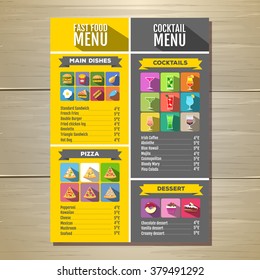 Fast food menu. Set of food and drinks icons. Flat style design.