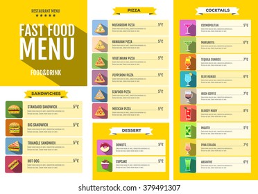 Fast food menu. Set of food and drinks icons. Flat style design.