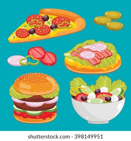 Fast food menu set with hamburger, pizza, salad and bacon vector illustration. 