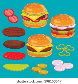 Fast food menu set with hamburger and cheese burger vector illustration.