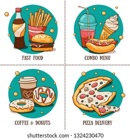 Fast food menu sets in doodle style. Fast food vector set. Combo menu, coffee and donuts. Pizza delivery logo in cartoon style. Hand drawn fastfood elements. Round stickers for cafe and snack bar.