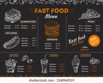 Fast food menu. Sketch sandwich burger, pizza snacks vintage design on chalkboard. Fast food restaurant menu board vector template. Illustration of menu fast food, restaurant pizza and hamburger