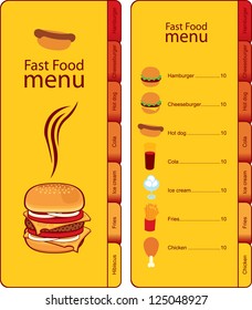for fast food menu with tabs for different dishes