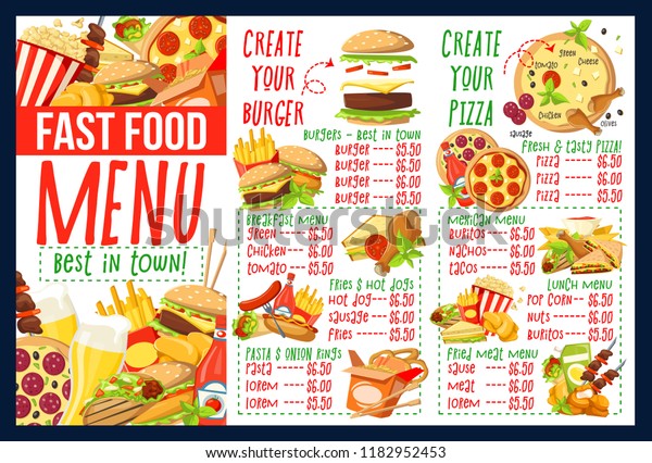 Fast Food Menu Template Burger Pizza Stock Vector (Royalty Free ...