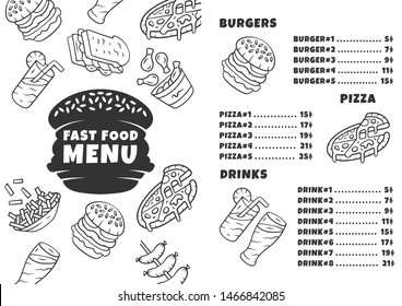 Fast food menu template. Burgers, pizza, beverages. Print design with linear icons. Concept vector illustrations. Restaurant, cafe banner, flyer brochure page with food prices layout
