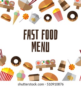 Fast food menu template with colorful simple fast food flat icons on white background vector illustration