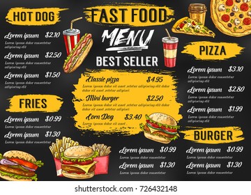Fast food menu template for fastfood restaurant or cafe. Vector sketch price list for hot dog and fries combo, pizza or cheeseburger and hamburger sandwich, coffee or soda drink and ice cream or donut
