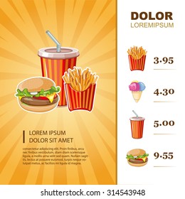 fast food menu template with pictures of burger, plastic glass with cold drink, French fries, ice cream