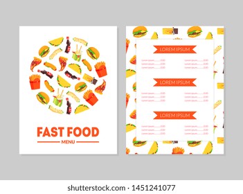 Fast Food Menu Template, Restaurant Brochure, Dishes and Drinks List with Prices Vector Illustration