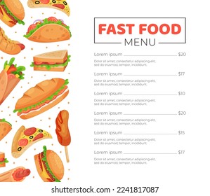 Fast food menu template. Restaurant or cafe menu layout brochure decorated with traditional tasty fast food dishes cartoon vector