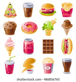 Fast Food Menu Vector Icon Set. Junk Food Icons Illustration - Pizza, Coffee, Burger, French Fries, Muffin, Donut, Ice Cream, Cola Can, Chocolate, Hot Dog, Shake Drink, Chicken Wings, Popcorn, Beer. 