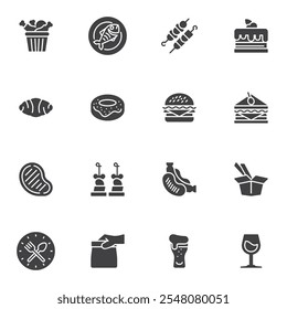 Fast food menu vector icons set, modern solid symbol collection, filled style pictogram pack. Signs, logo illustration. Set includes icons as seafood, burger, sandwich, noodle, donut, take out food