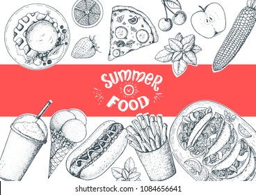 Fast food menu vector illustration. Summer food top view background. Engraved style illustration. Sketch style design.