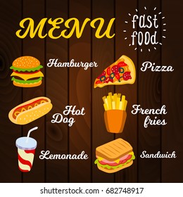 Fast food menu, vector illustration. Set of icons hamburger, hot dog, lemonade, pizza, french fries, sandwich). It can be used as - logo, pictogram, icon, infographic element.