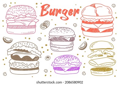 Fast food menu. Vector set of fast food. Hamburger, cheeseburger, meat cutlet, mustard, tomato, cheese, onion.  Vector illustration in sketch style