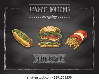 Schnelles Essen.  Vintage, Vektorgrafik. Handgezeichnete Skizze-Illustration von Fast Food einzeln auf Chalkboard-Hintergrund. Ideal für Speisen, Poster oder Restaurant-Hintergrund.