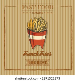 Fast food  menu. Vintage vector illustration. Hand-drawn sketch illustration of french fries in carton box isolated on vintage  background. Great for menu, poster or restaurant background.