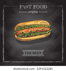 Fast food  menu. Vintage vector illustration. Hand-drawn sketch illustration of hot dog isolated on chalkboard  background. Great for menu, poster or restaurant background.