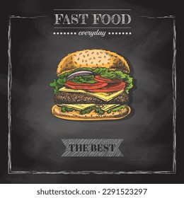 Fast food  menu. Vintage vector illustration. Hand-drawn sketch illustration of burger isolated on chalkboard  background. Great for menu, poster or restaurant background.